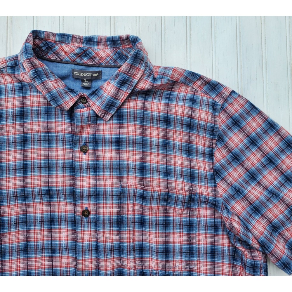 Toad&Co Mens Large Organic Cotton Plaid Short Sleeve Button Down Shirt Blue Red